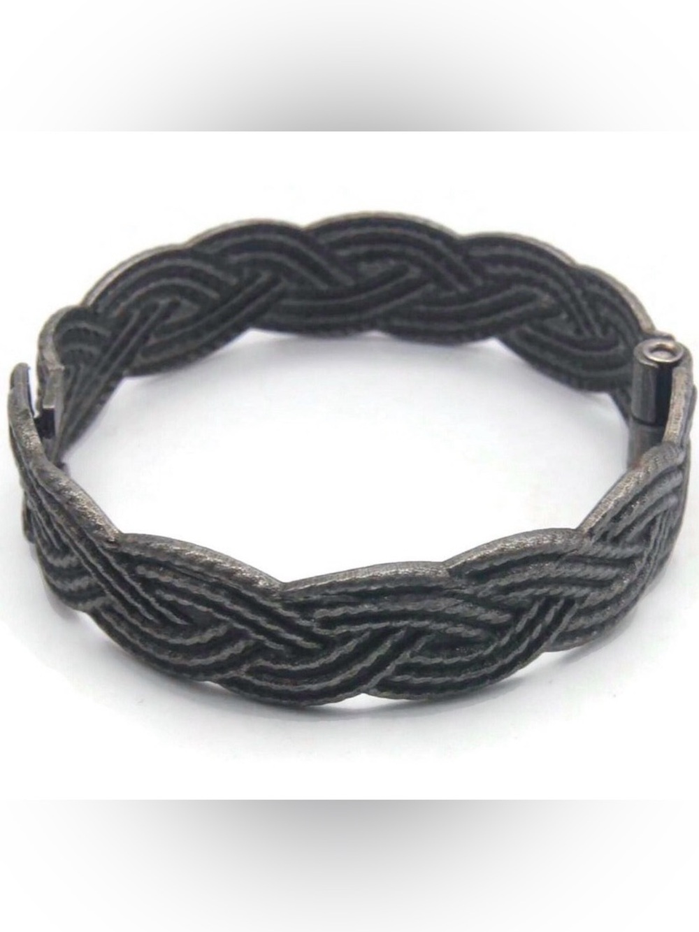 antiqued silver tone 6 1/2" Hinged braided Wicker Bangle Bracelet